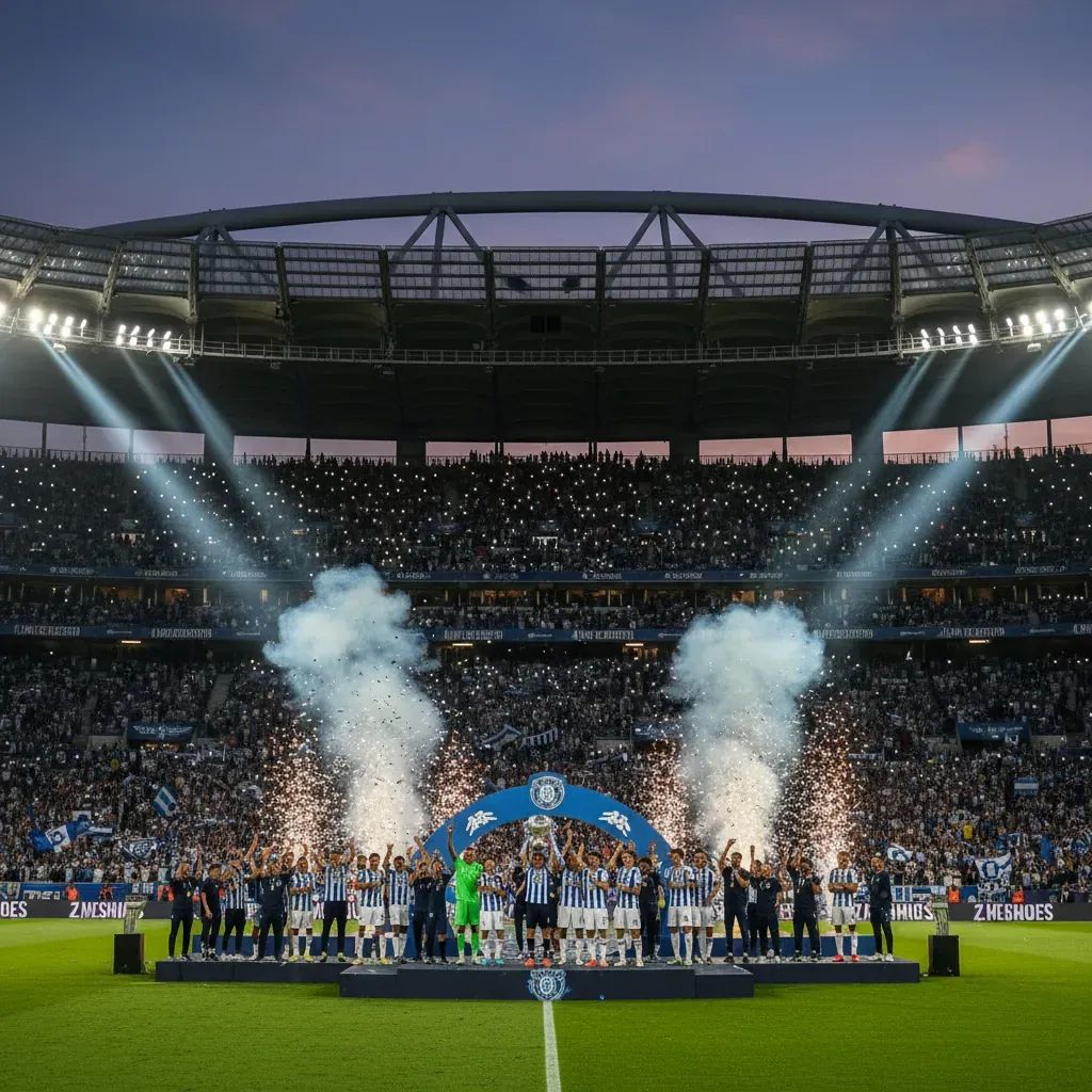 FC Porto fans celebrating championship victory with smartphone lights illuminating stadium during trophy presentation ceremony