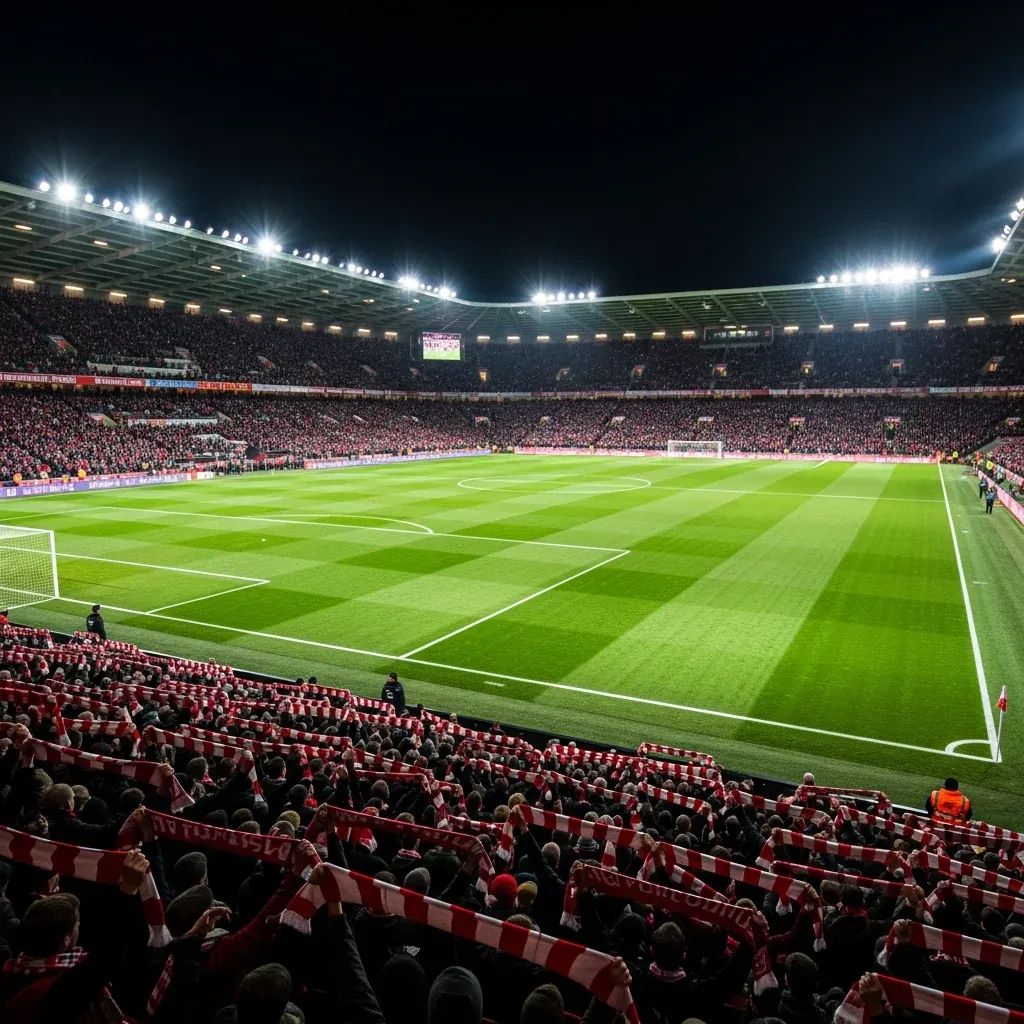 Floodlit football stadium at night with fans in red and white scarves and green pitch