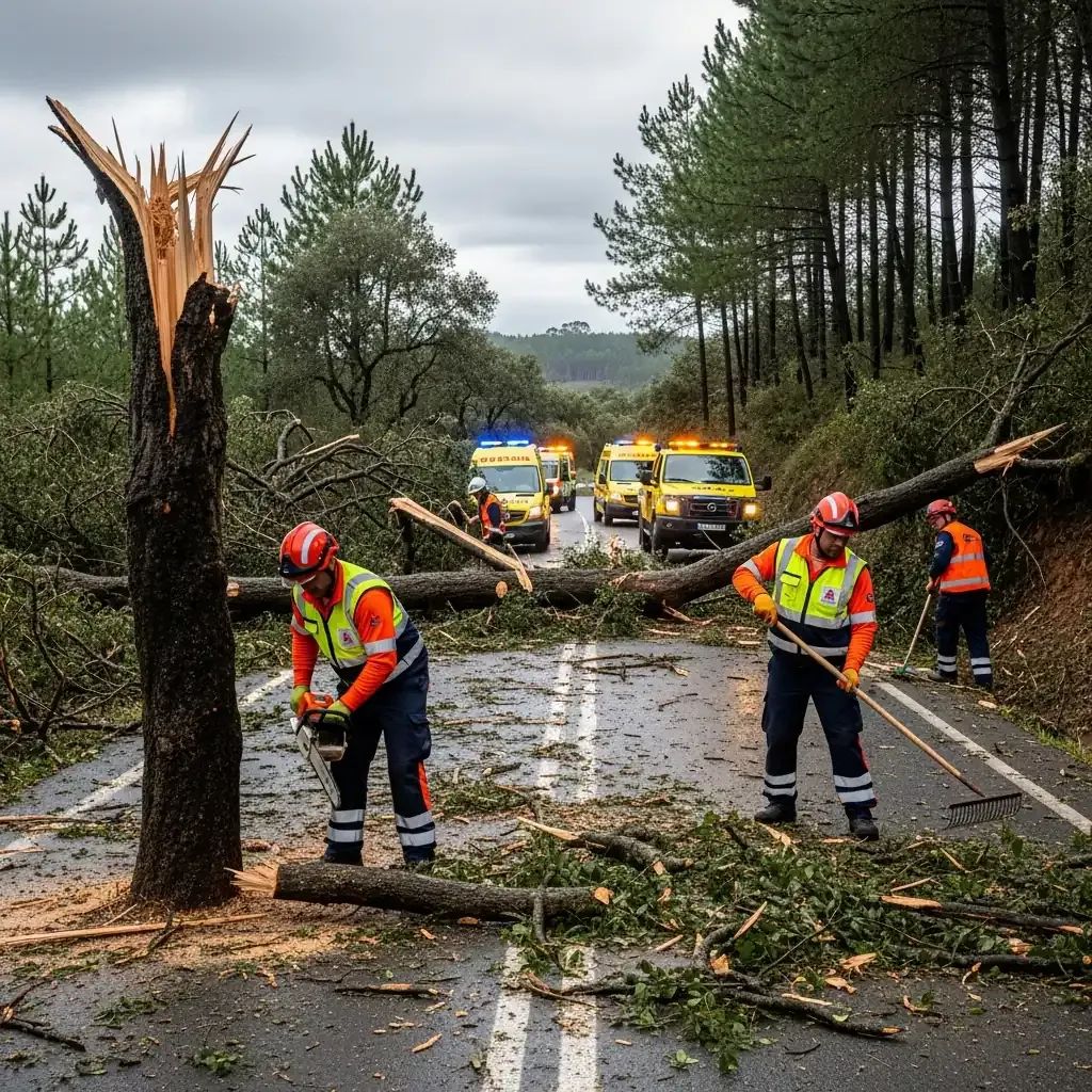 Emergency crews clearing fallen trees from rural road after storm in Portugal