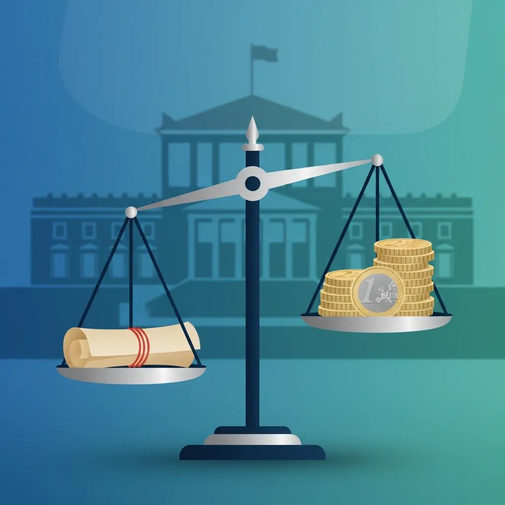 Scales balancing a constitution document and euro coins in front of a silhouette of Portugal’s parliament