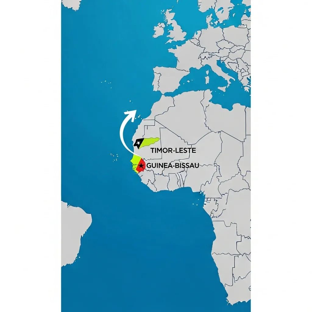 Map infographic of Lusophone countries highlighting Timor-Leste and Guinea-Bissau with presidency handover arrow