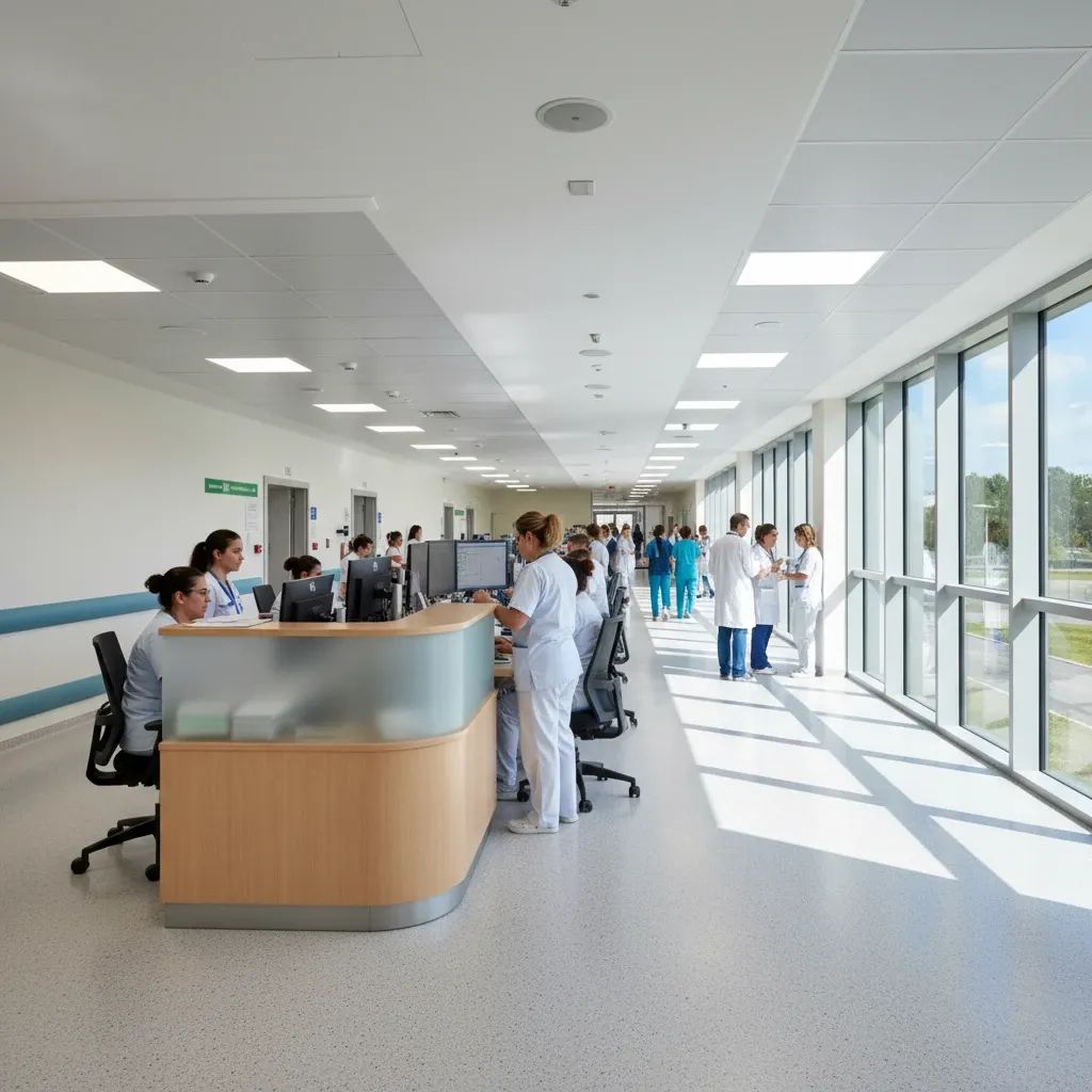 Portuguese hospital hallway with nursing station and healthcare staff attending to patient monitoring systems