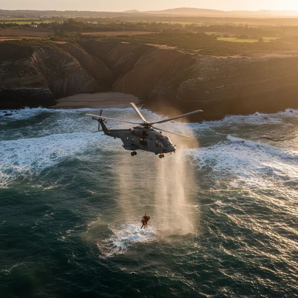 Helicopter rescue operation over Portuguese coastline with emergency response team, representing military search and rescue operations