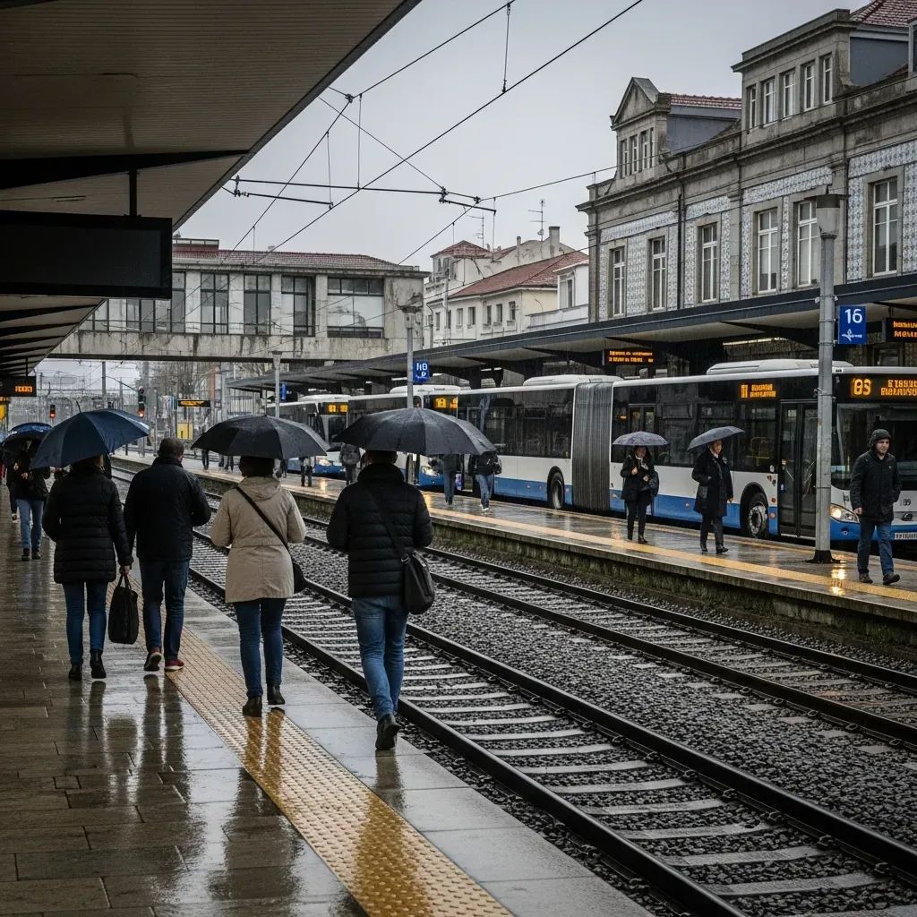 Commuters waiting by replacement buses at a Portuguese train station amid storm disruptions