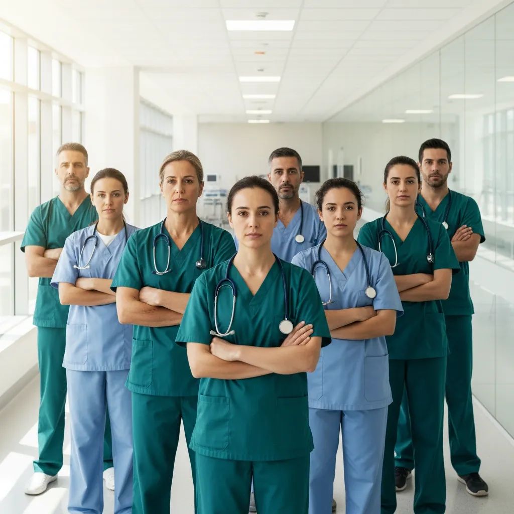 Healthcare workers in hospital corridor standing united during labor action discussion