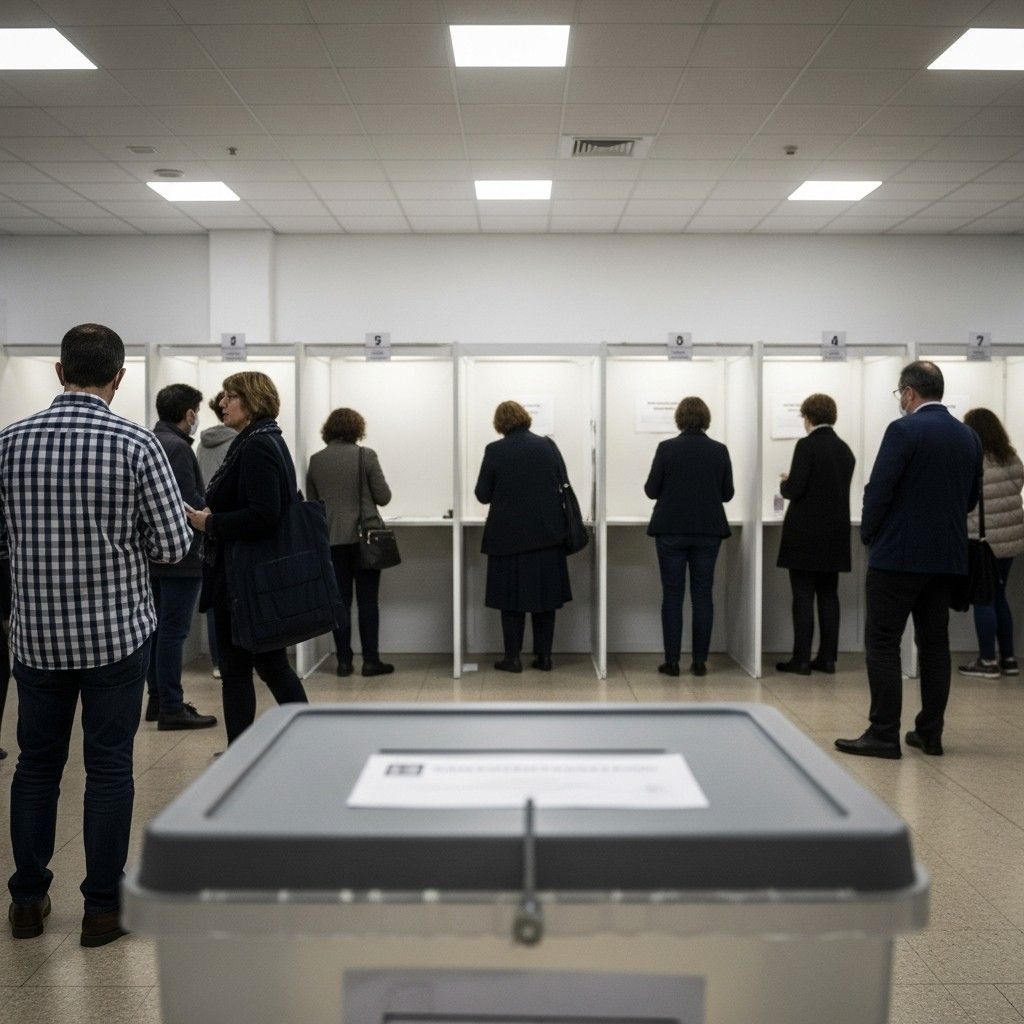 Ballot box and voting booths in a Portuguese polling station with voters in line
