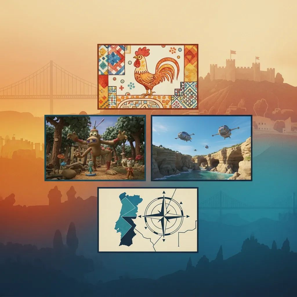 Collage of colorful animated film scenes representing Portuguese animation industry and festival awards