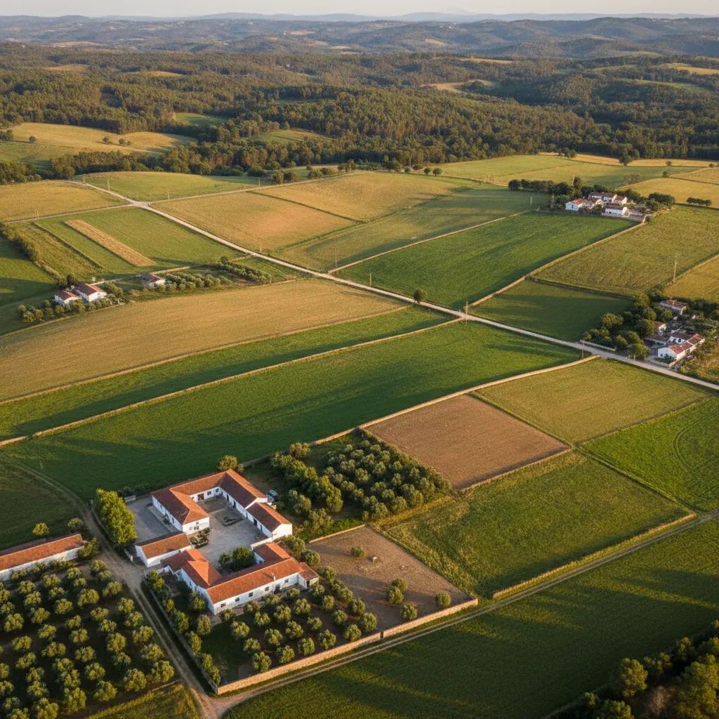 Aerial view of rural Portuguese farmland with distinct property boundaries and agricultural plots