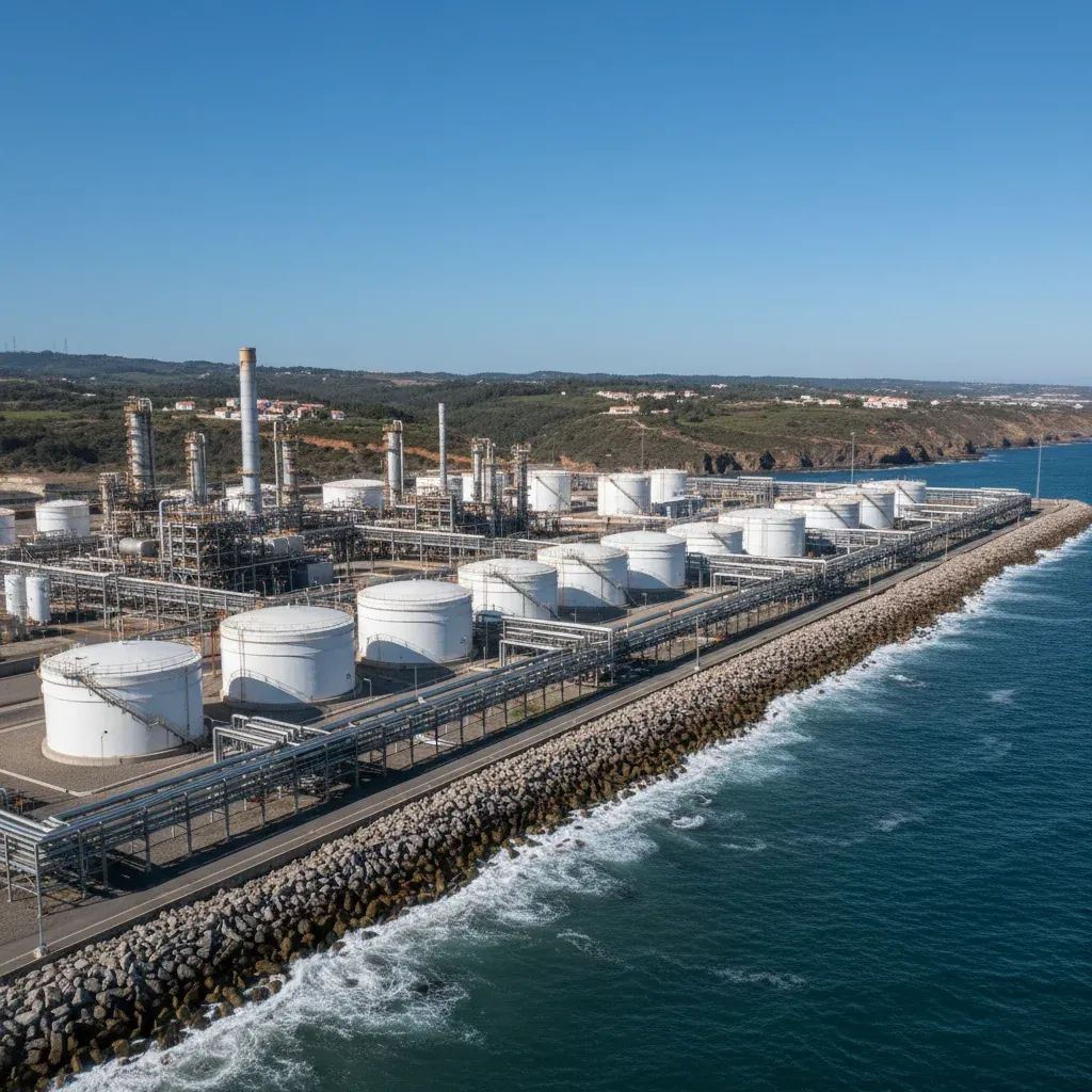 Industrial refinery complex with storage tanks overlooking Portuguese coastal landscape