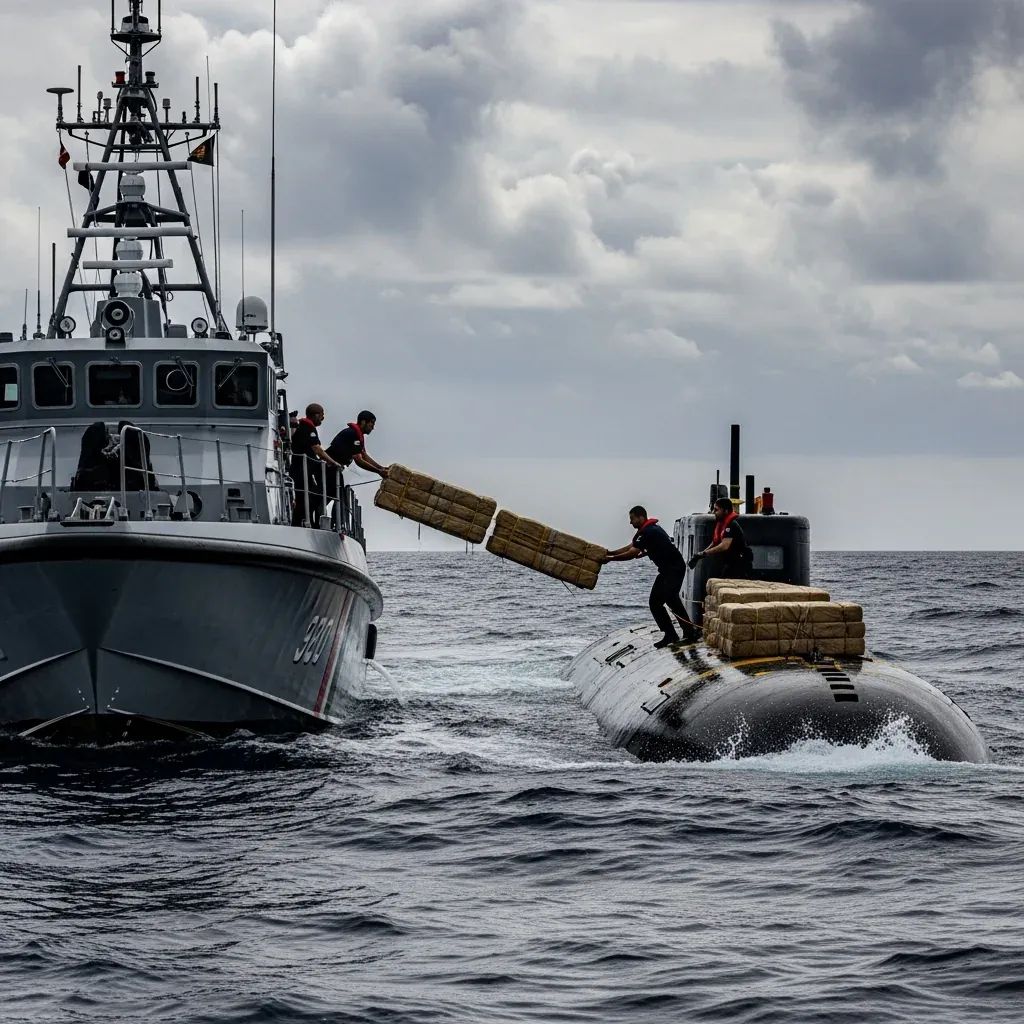 Patrol boat intercepting a semi-submersible narco-sub in Atlantic waters near the Azores