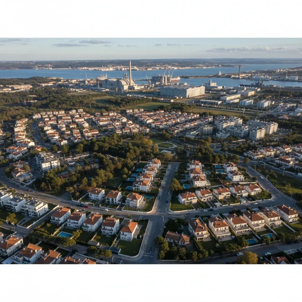 Aerial view of residential neighborhoods near military facility in Seixal, Portugal showing housing density and strategic military infrastructure proximity