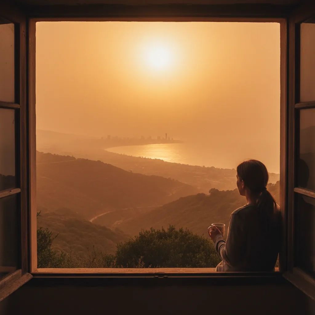 Hazy Portuguese landscape with orange-tinted sky showing Saharan dust effect across the horizon