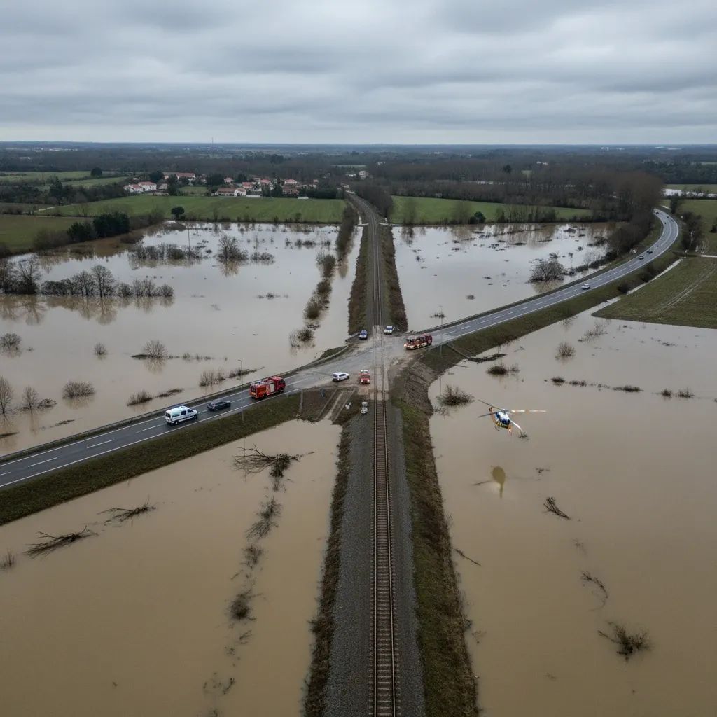 Aerial view of Mondego River floods submerging road and rail links near Coimbra, highlighting Portugal storm damage
