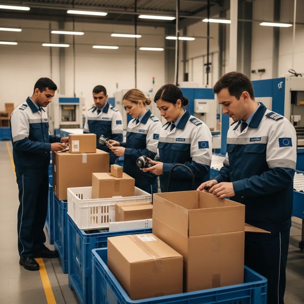 EU customs officers inspecting international parcels at border checkpoint for safety compliance