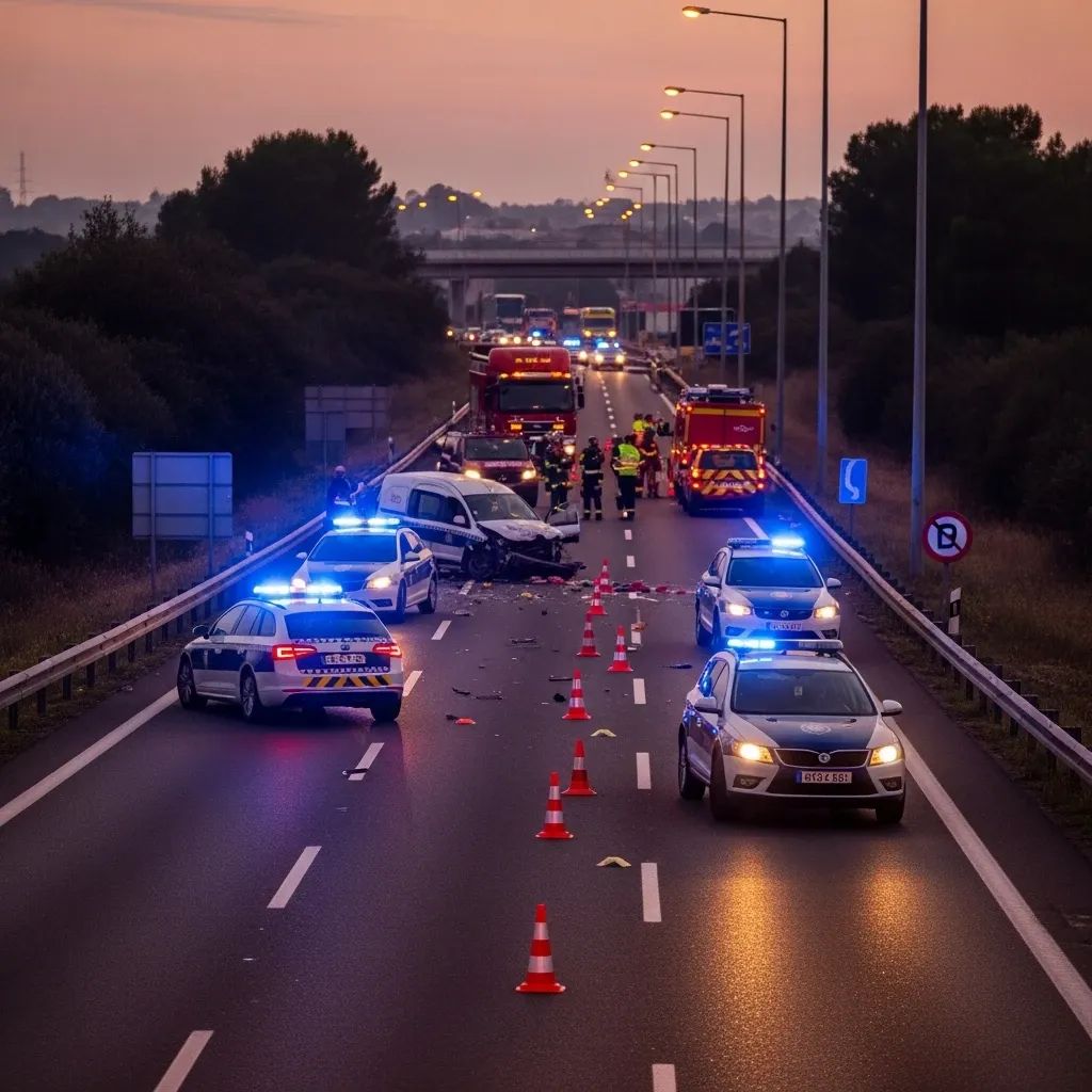 Police patrol cars with flashing lights at a multi-vehicle crash scene on a Portuguese highway at dusk