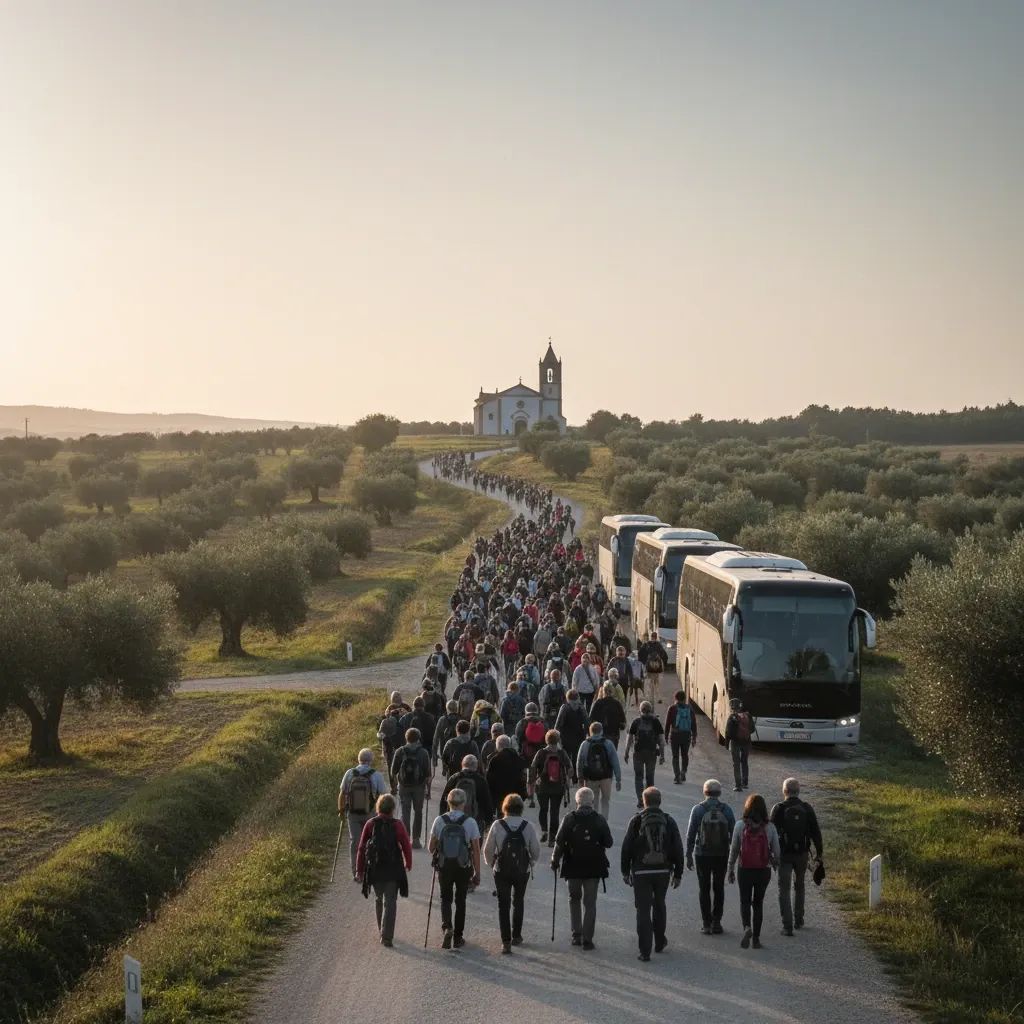 Pilgrims walking along a rural road toward a distant church near Fátima with coaches parked nearby