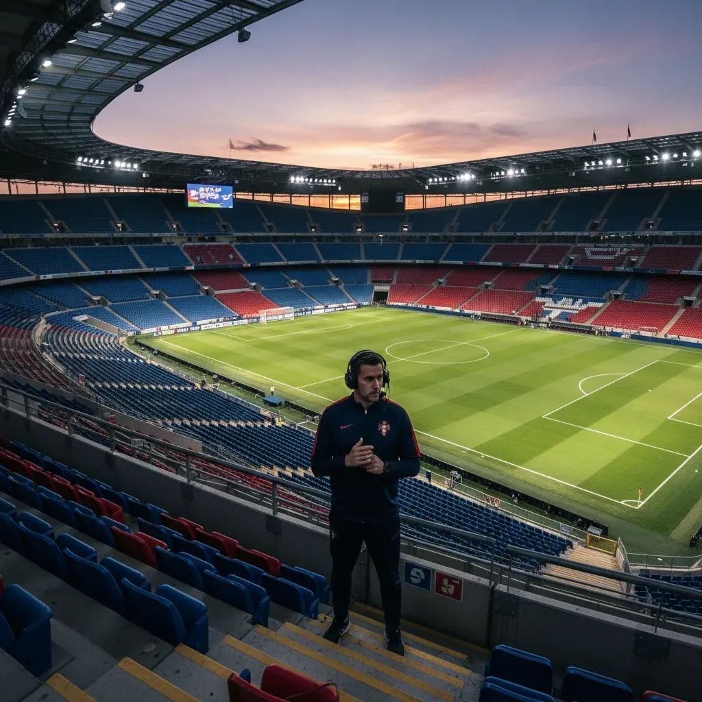 Benfica stadium Estádio da Luz with dramatic evening lighting, coaching box and stands visible