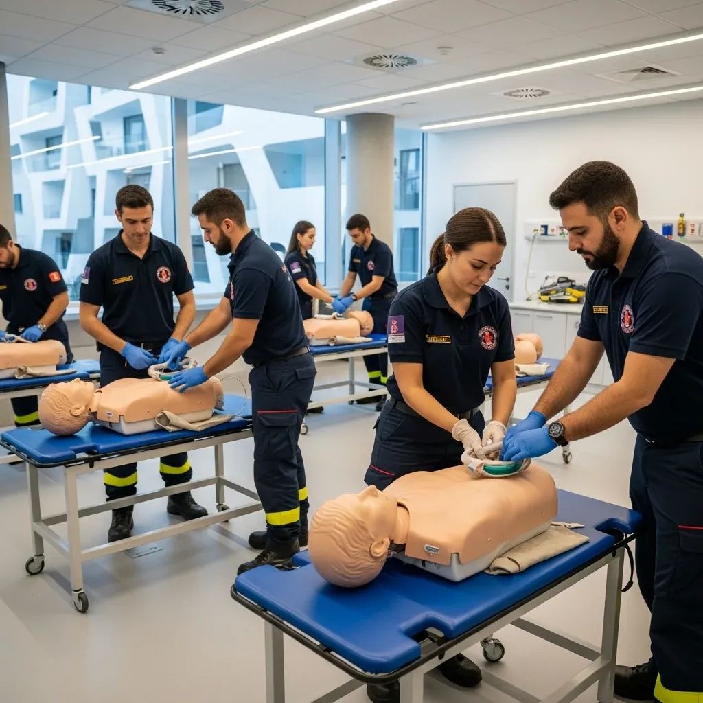 Ambulance trainees practising on medical simulation mannequins in a firefighters’ academy training lab