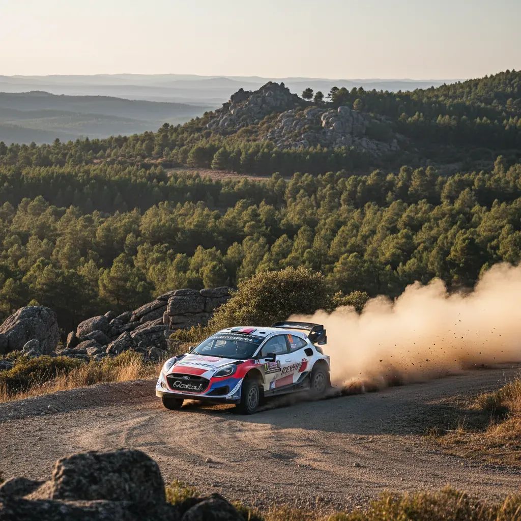 Rally car sliding through gravel stage in Portuguese countryside during WRC competition