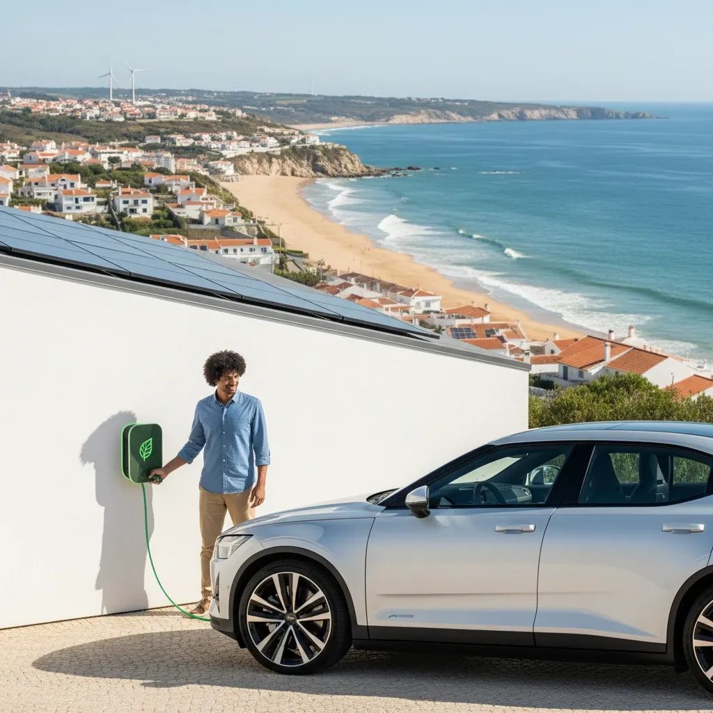 Electric vehicle parked at home charging station with Portuguese landscape in background