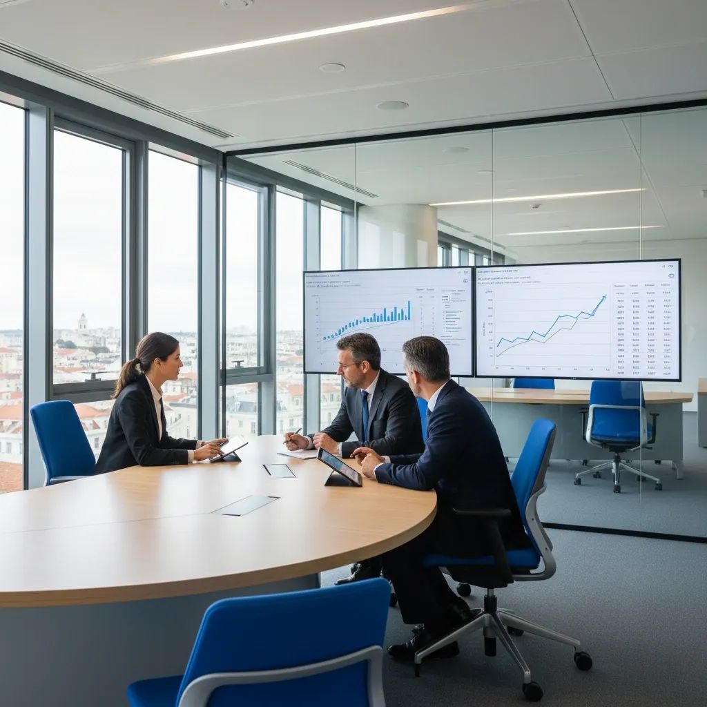 Modern office professionals reviewing financial performance data and earnings charts