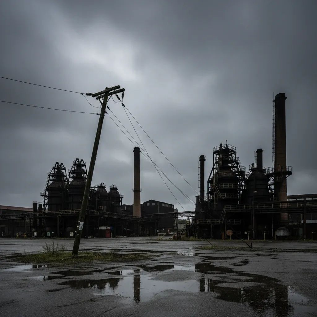 Damaged power pole before darkened glass factory in Marinha Grande after severe storms