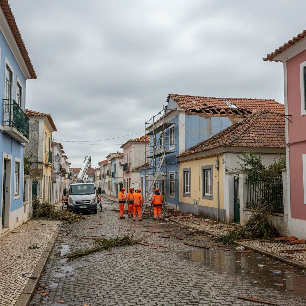 Portuguese street with storm-damaged homes and repair crews beginning reconstruction work