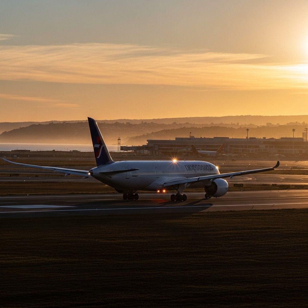 Passenger jet taxiing on runway at a Portuguese airport with coastal landscape in the distance