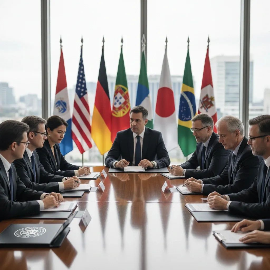 International sports governance leaders at formal conference table discussing integrity standards