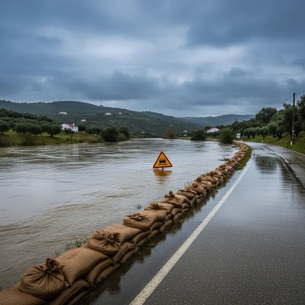 Flooded riverbank with sandbags and a slow-traffic sign under overcast skies