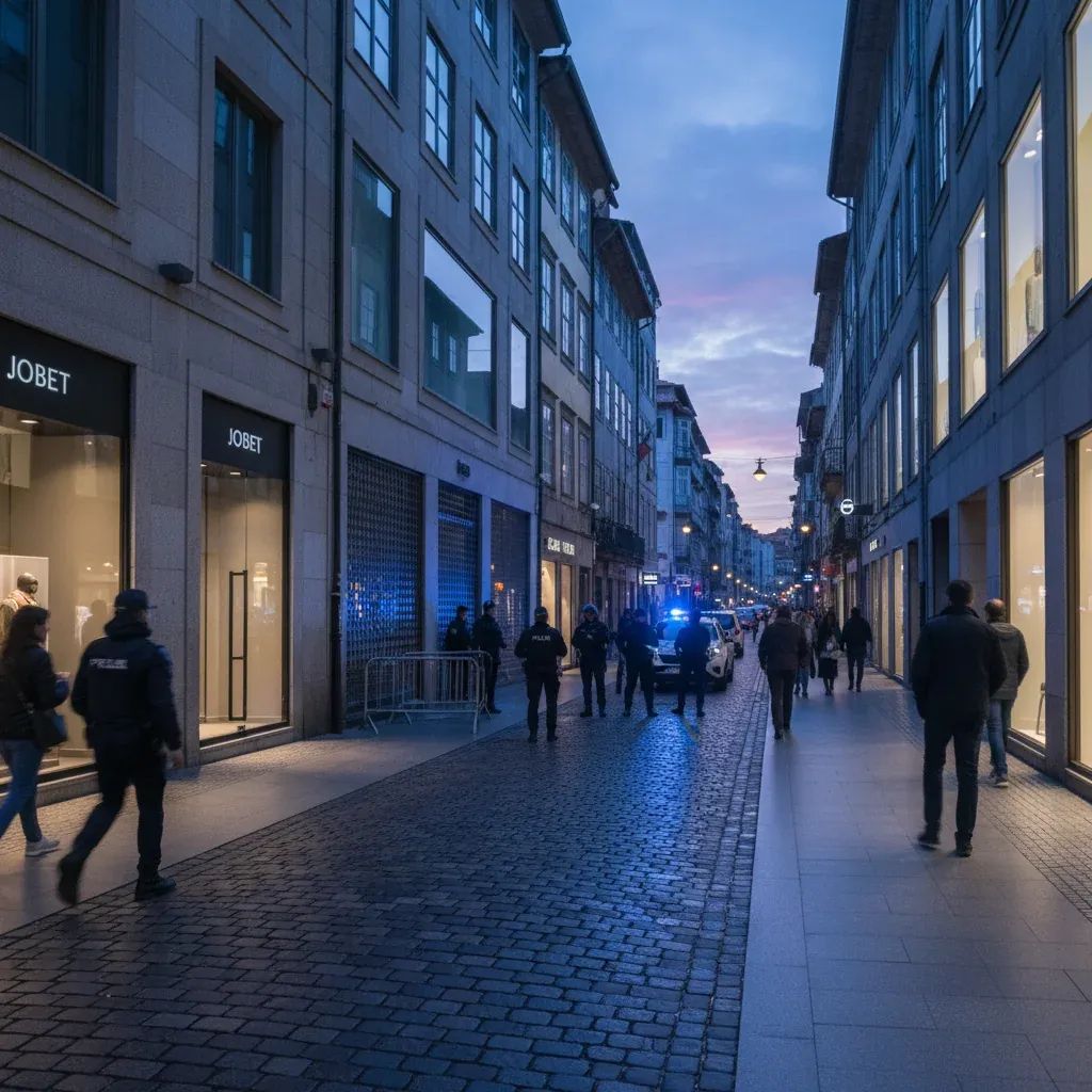 Porto street scene with secured storefronts and police security presence representing urban crime prevention