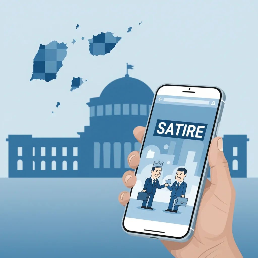 Illustration of a smartphone displaying a satirical meme with Portugal's parliament silhouette and Azores map