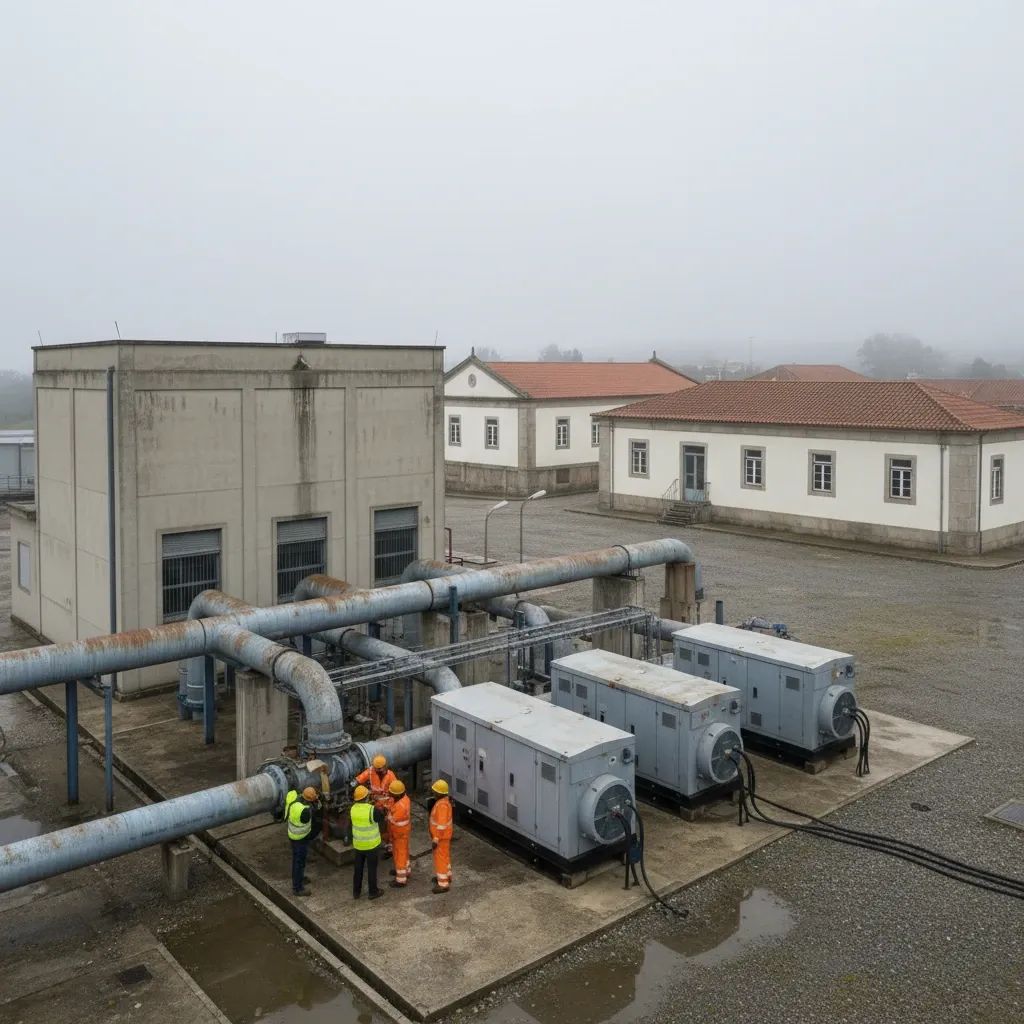 Maintenance crew at Leiria water pumping station with generators restoring service