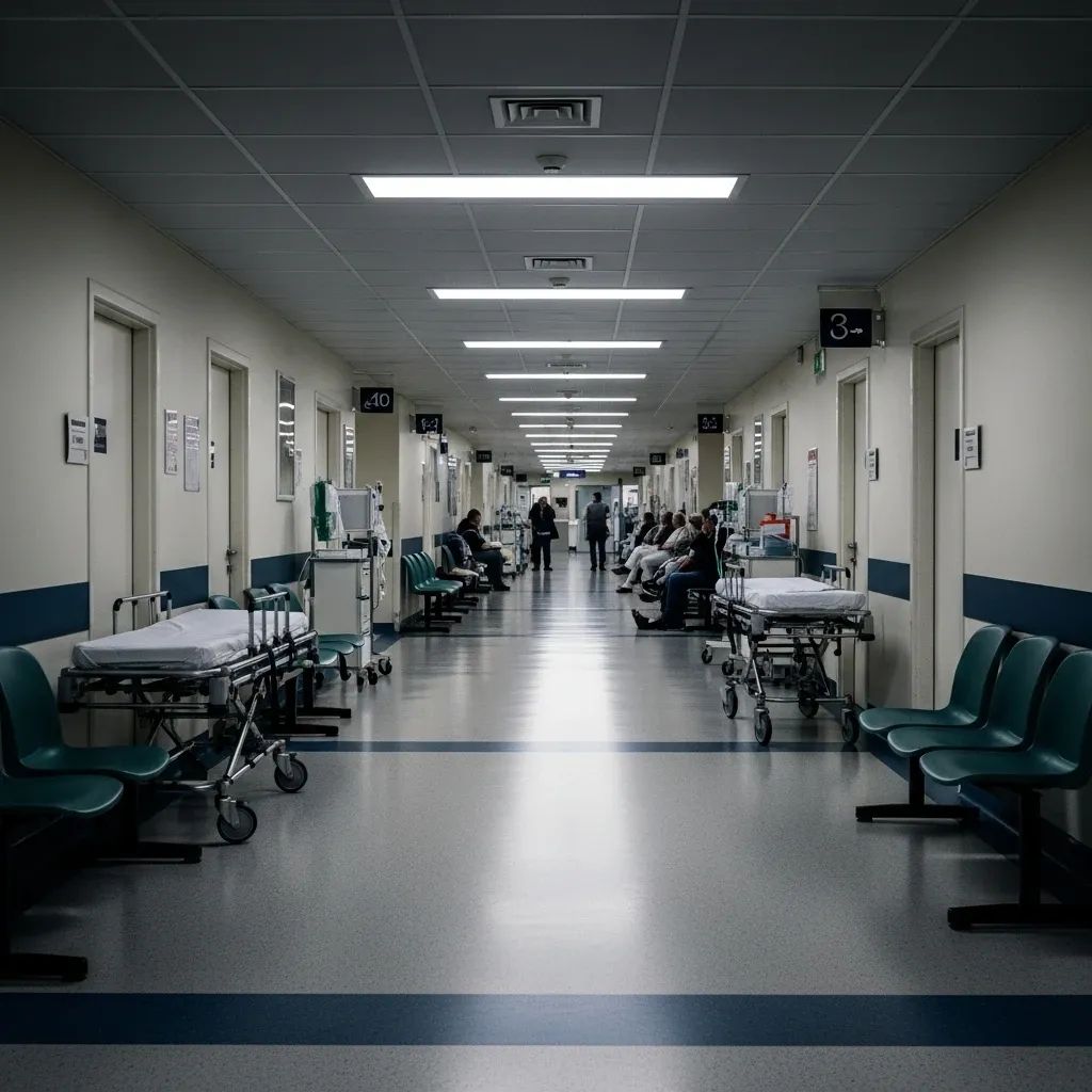Hospital emergency department corridor with plastic chairs and patients waiting under fluorescent lights