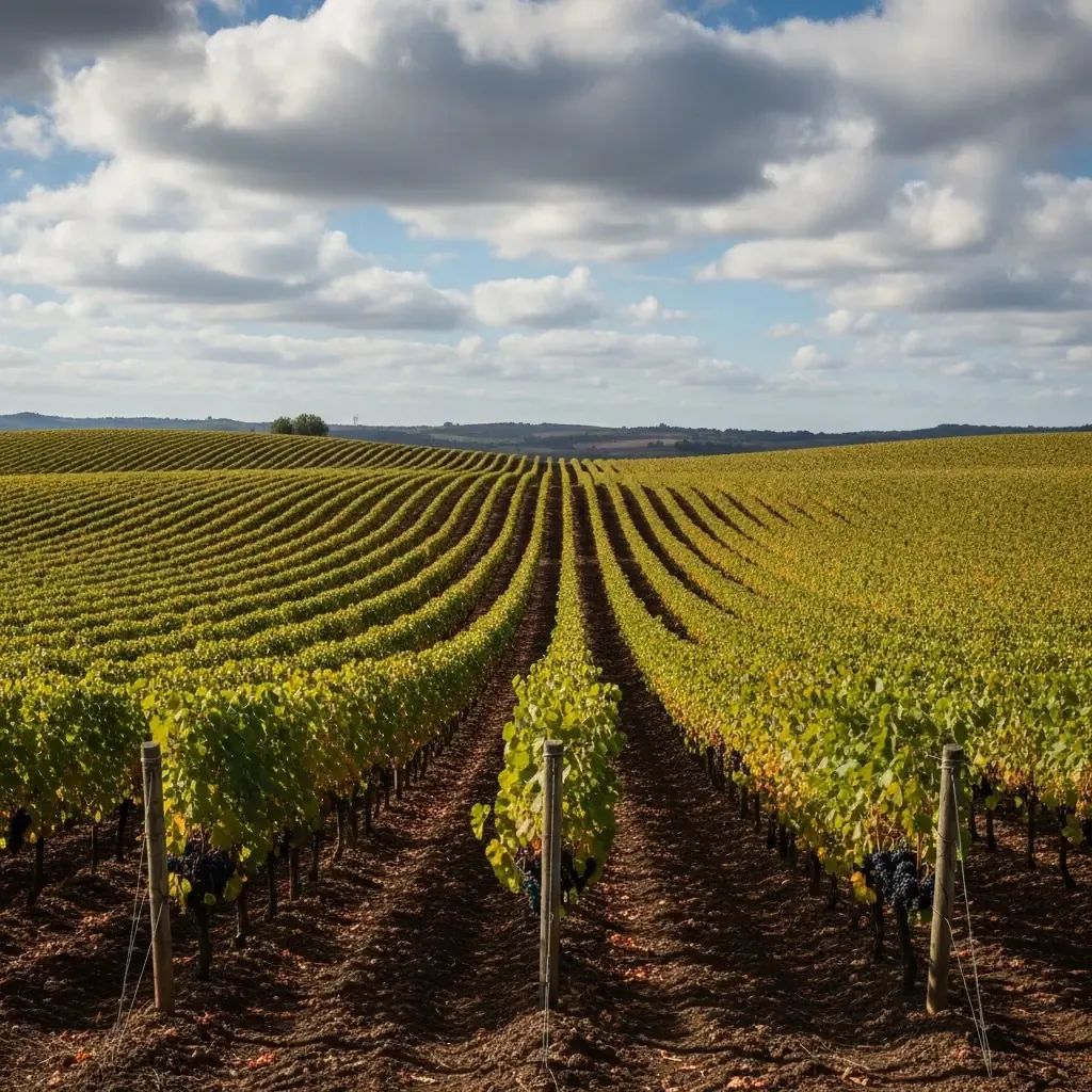 Sparse grape clusters on Portuguese vineyard rows under a cloudy sky in late harvest