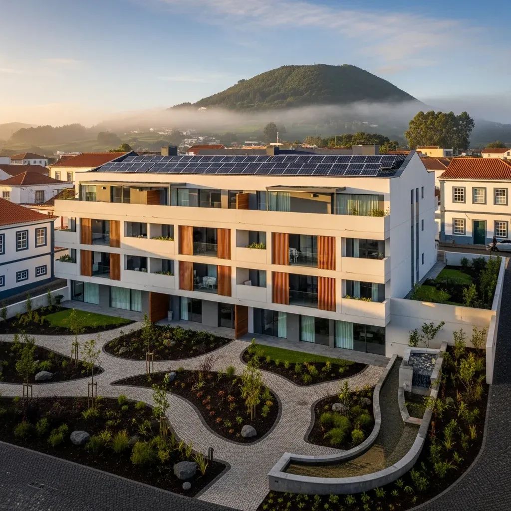 Energy-efficient apartment block with solar panels and courtyard in Ribeira Grande