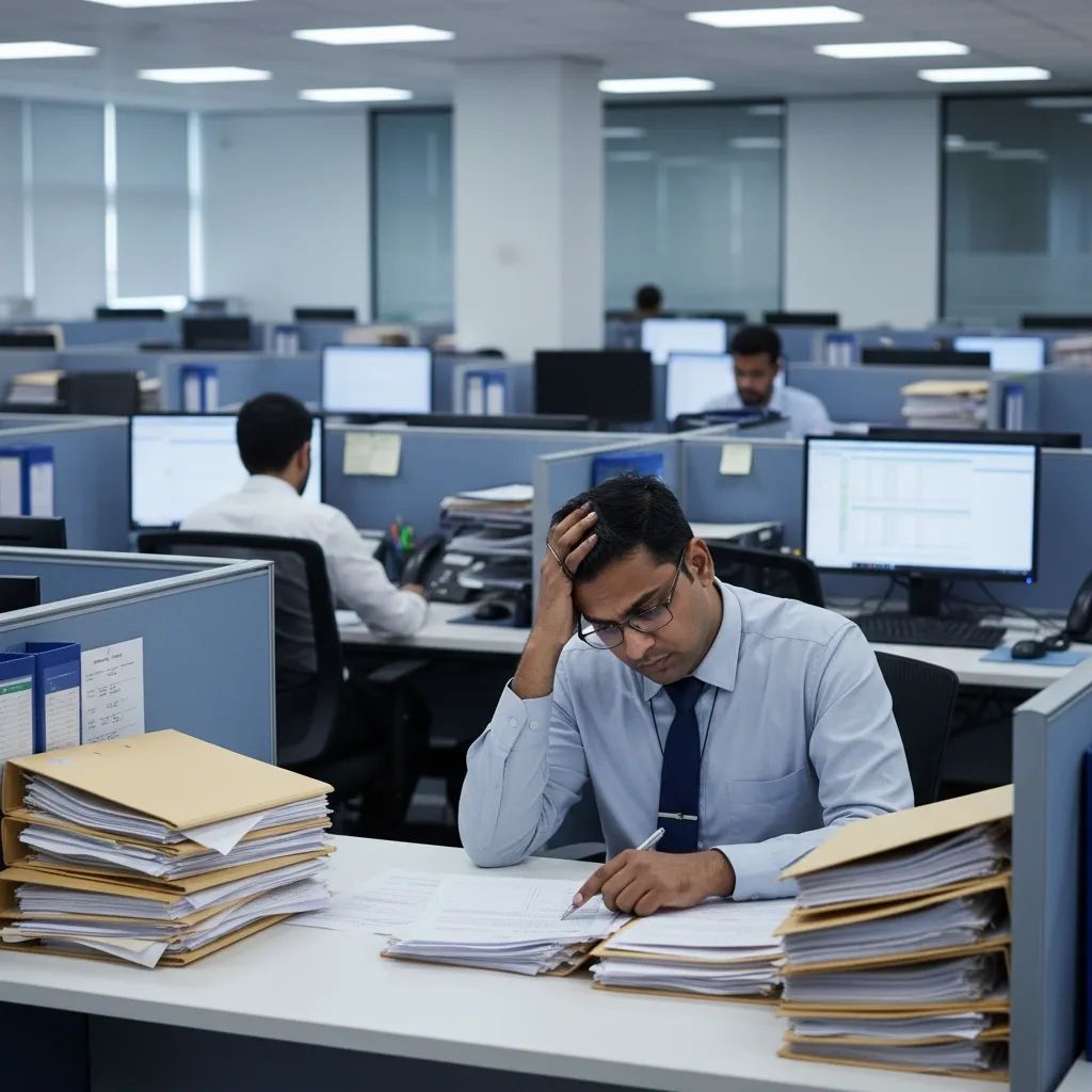Expat professional reviewing immigration documents at desk with filing cabinets in background