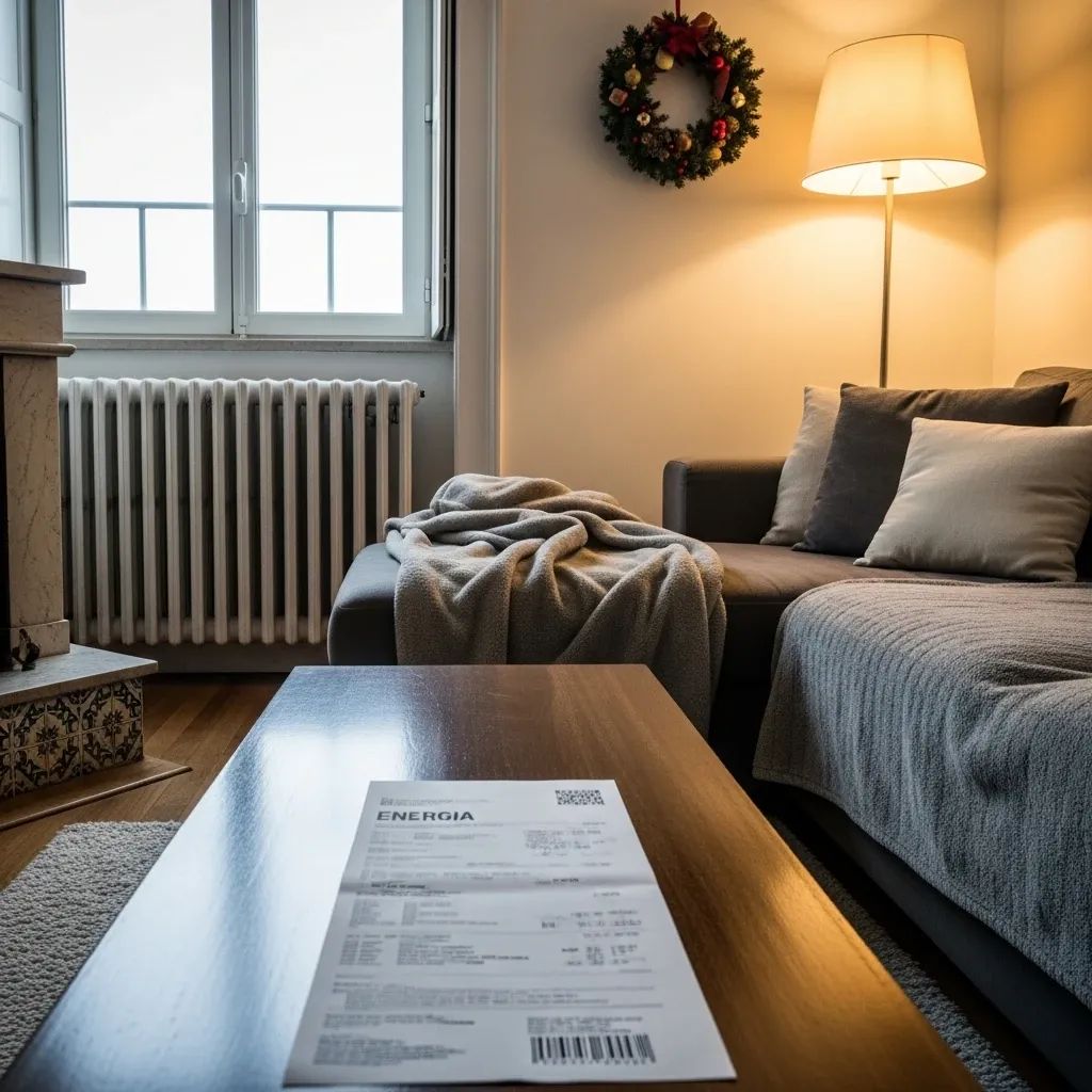 Portuguese living room with radiator, blankets and an energy bill on a coffee table
