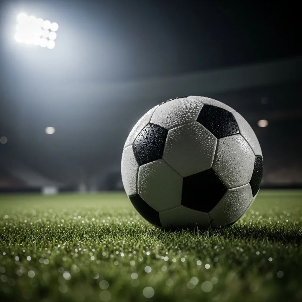 Football on a grass pitch under floodlights before a semi-final match