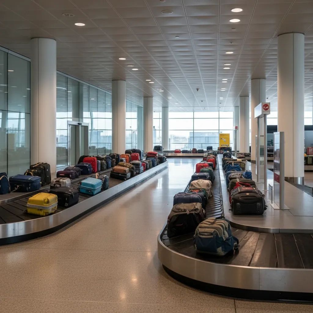 Empty baggage carousel at Lisbon Airport with luggage, symbolizing airport theft case