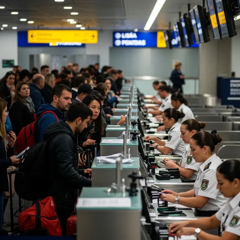 Travelers queued at Lisbon Airport passport control desks during holiday peak