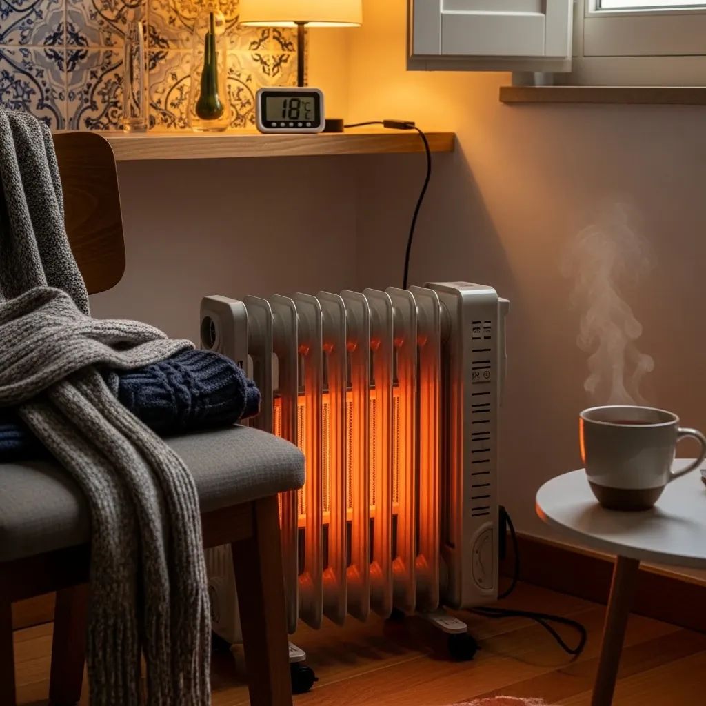 Portable radiator warming a Portuguese home interior with layered clothing and hot tea