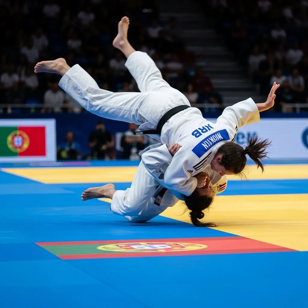 Portuguese judoka executing an uchi mata throw in a competition arena