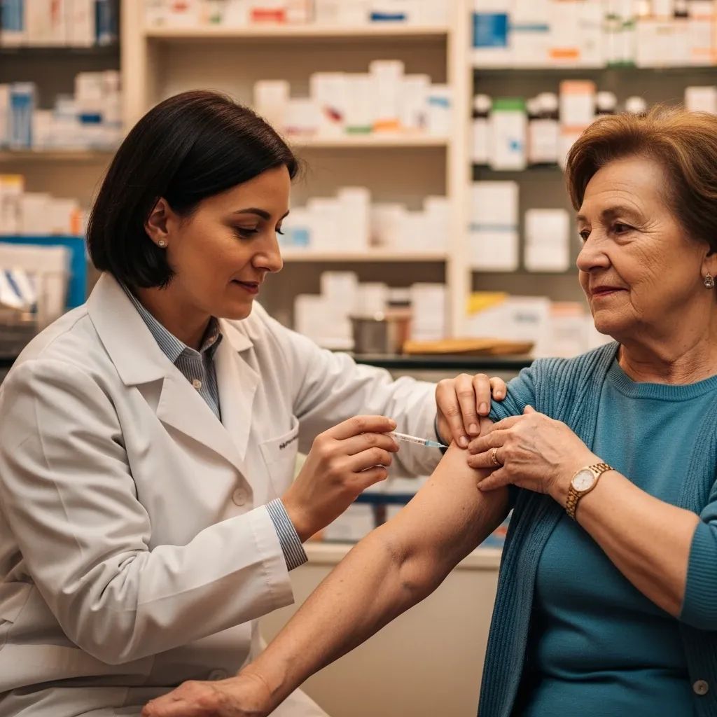 Pharmacist administering flu vaccine to an elderly patient in a Portuguese pharmacy