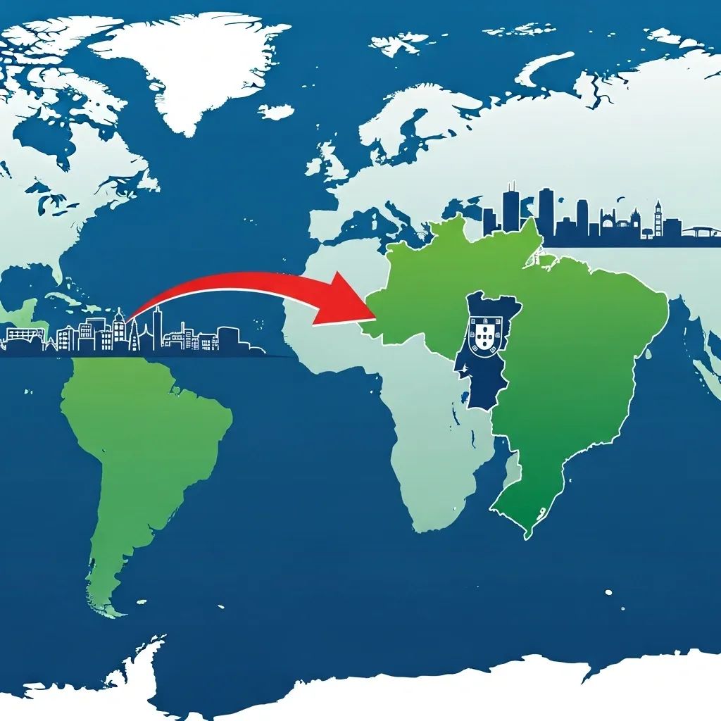 Infographic world map highlighting connection from Brazil to Lisbon with a city skyline silhouette