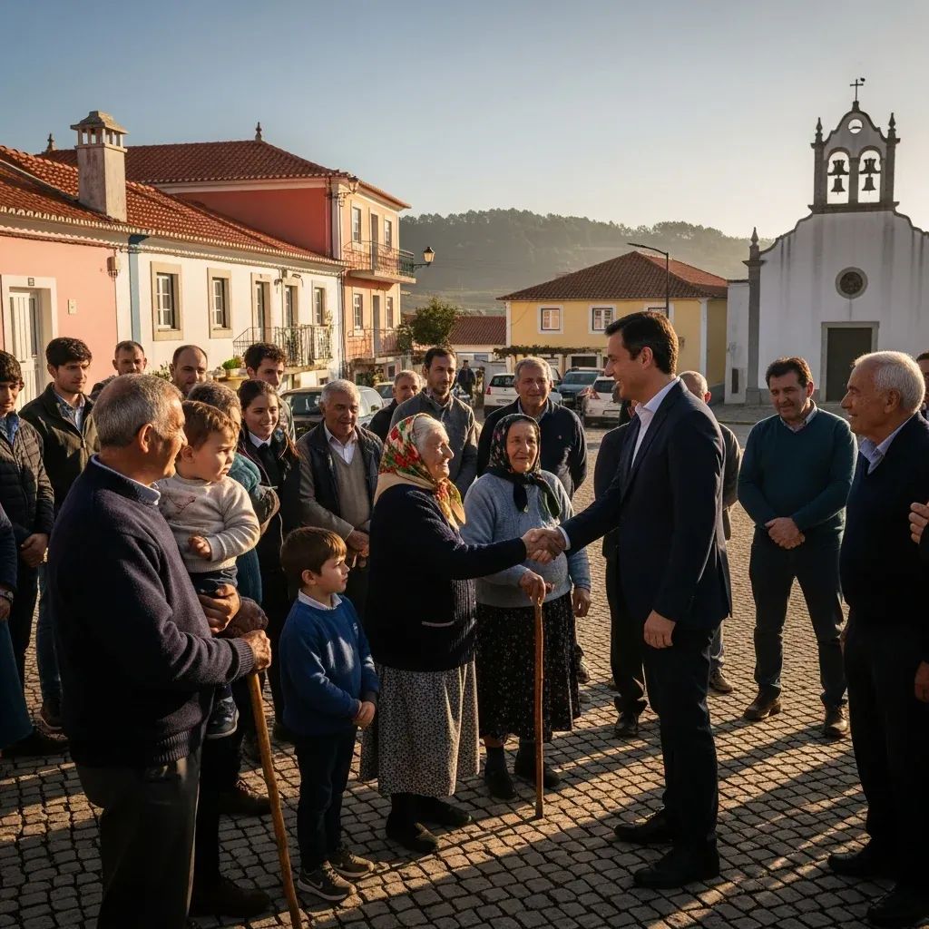 Presidential candidate shaking hands with villagers in a rural Portuguese village square