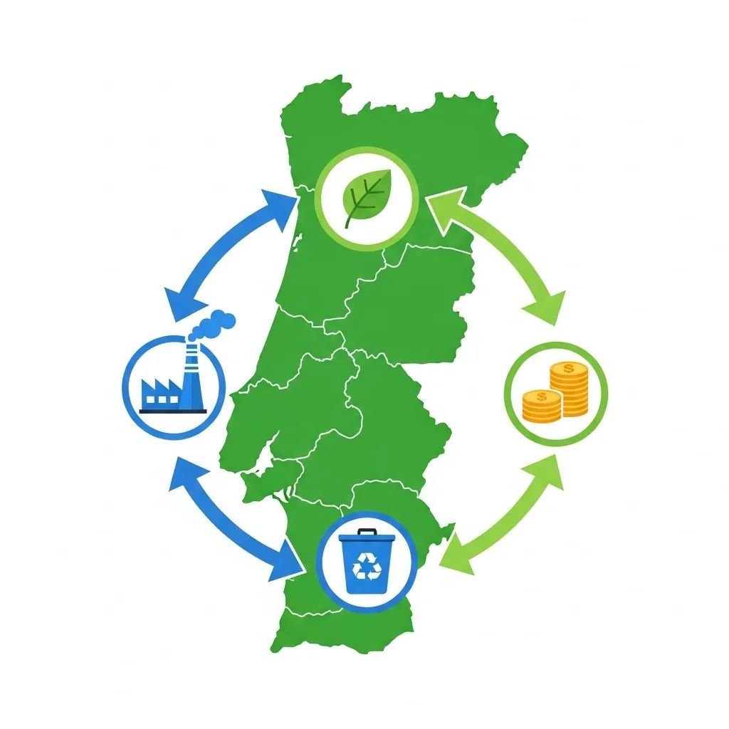 Stylized map of Central Portugal with circular economy icons and arrows illustrating recycling and sustainable production