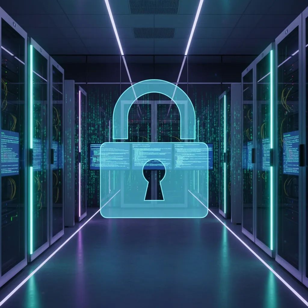 Computer monitors showing code and security systems in a modern data center environment