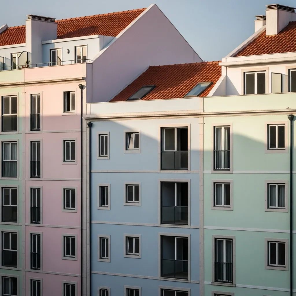 Urban apartment buildings in Portugal with pastel facades and dark windows indicating empty flats