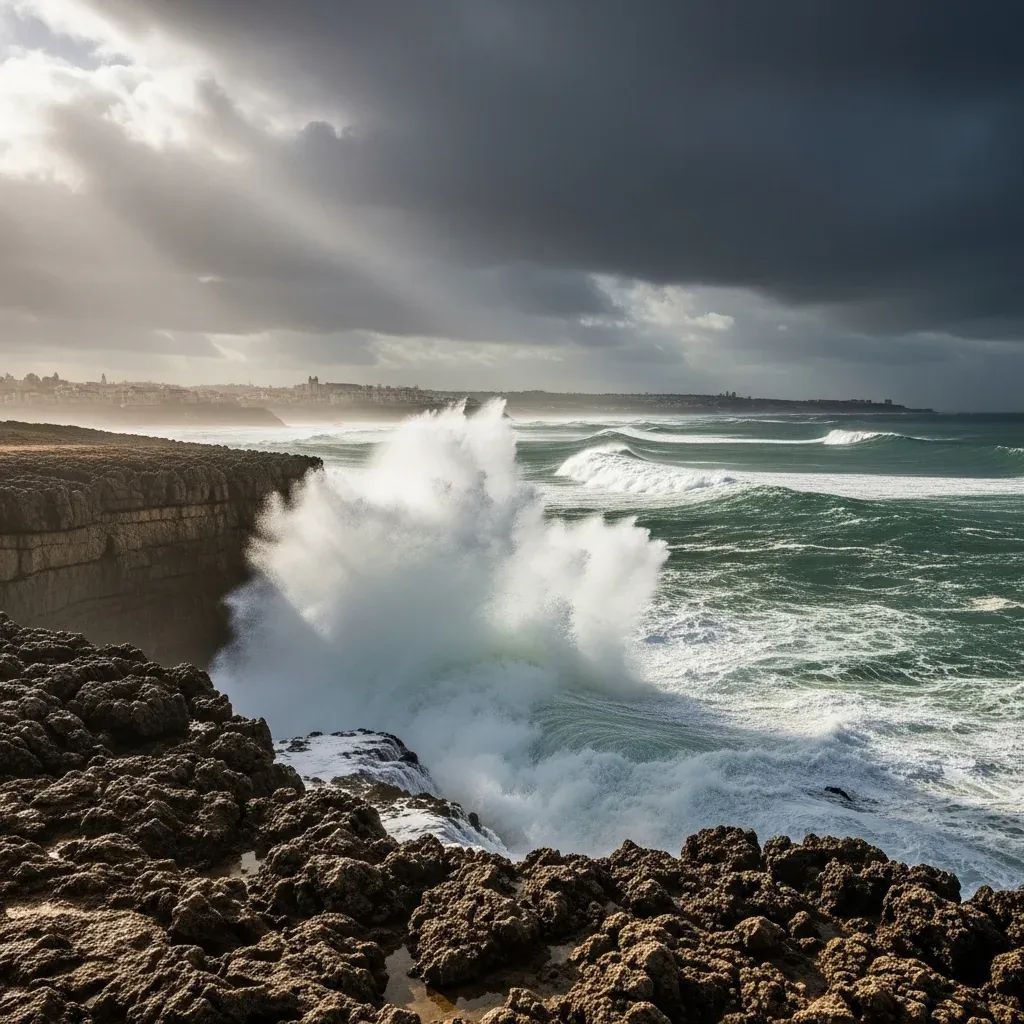 Stormy Portuguese coastline with massive waves crashing against rocks under dark clouds